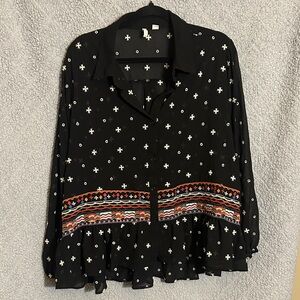 Cato Black Button-Down Top with Multicolor Embroidered Hem